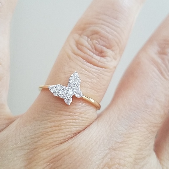 14k solid Gold CZ sideway Butterfly Promise Ring - Picture 2 of 9